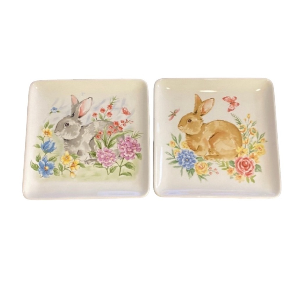 Spring Flowers & Bunny serving plates. White. Set of 2. Colorful Pastels.